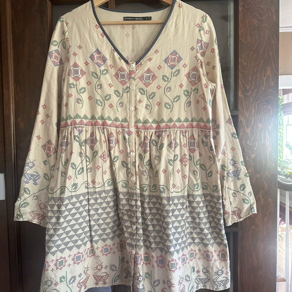 Gudrun Sjoden Beige Tunic with Blue and Pink Accents